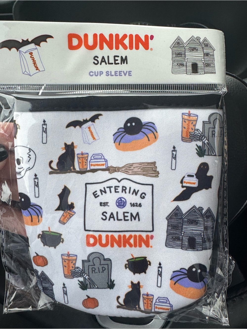 Dunkin Salem Halloween Cup Sleeve - White with Orange & Black
